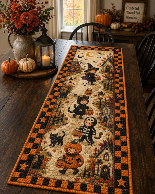 Vintage Halloween Quilted Table Runner, Spooky Village Autumn Decor