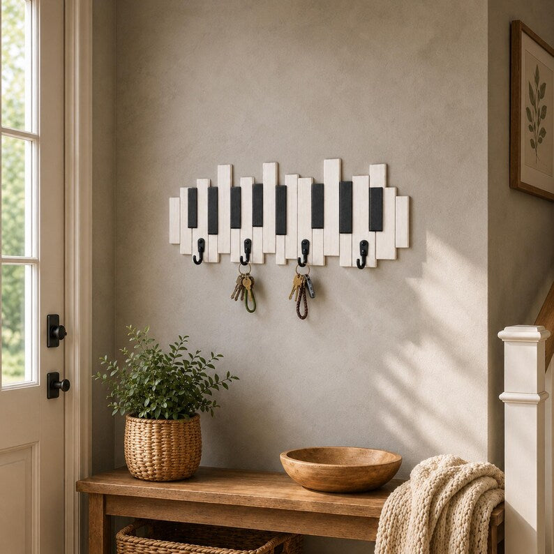Piano Keys Wooden Key Holder: Musician Wall Hook Gift, Music Lover Gift