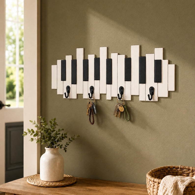 Piano Keys Wooden Key Holder: Musician Wall Hook Gift, Music Lover Gift