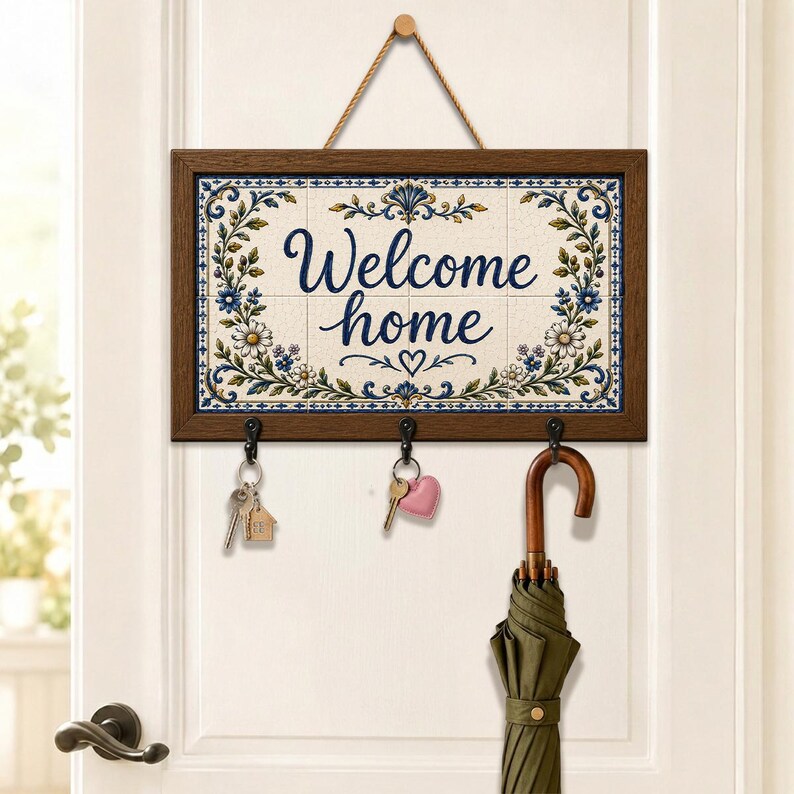 Welcome Home Wood Key Holder, Personalized Farmhouse Entryway Organizer Hooks