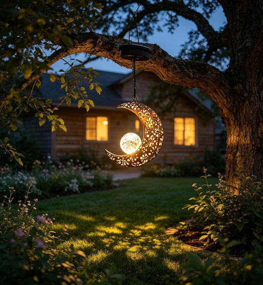 Hanging Solar Moon Lanterns, Bronze Crackle Glass Garden Lights, Outdoor Patio Decor