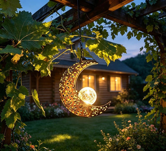 Hanging Solar Moon Lanterns, Bronze Crackle Glass Garden Lights, Outdoor Patio Decor