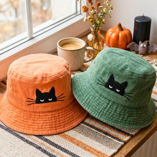 Embroidered Black Cat Bucket Hat: Vintage Washed Cotton, Cat Lover Accessory