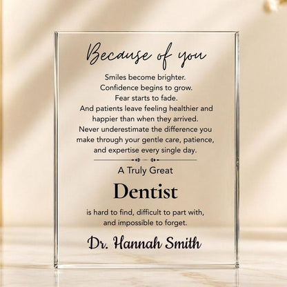 Dentist Gift Acrylic Plaque, Personalized Dentist Appreciation Gift, Graduation Gift, Dental Office Desk Decor, Thank You Gift for Coworker