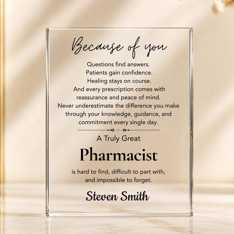 Pharmacist Gift Acrylic Plaque, Personalized Pharmacy Appreciation Gift, Pharm D Graduation Gift, Retirement Gift, Thank You Coworker Gift