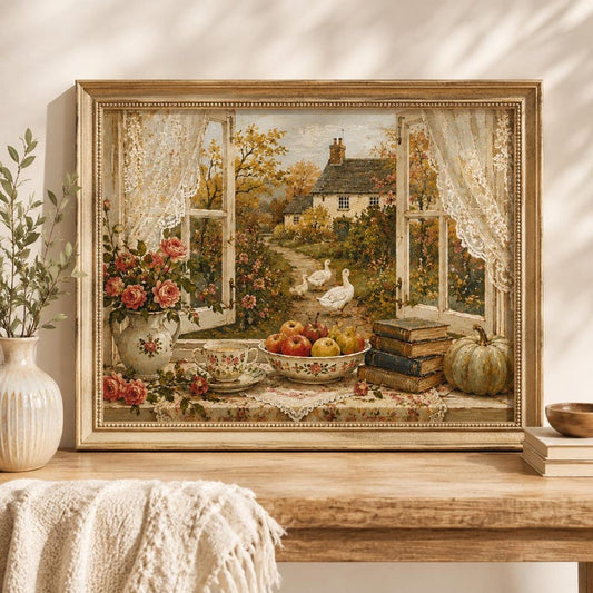 Cottage Goose Window Wall Art, Autumn Tea and Apple Poster, Vintage Style Farmhouse Print, Cozy Kitchen Decor, Gift for Goose Lovers
