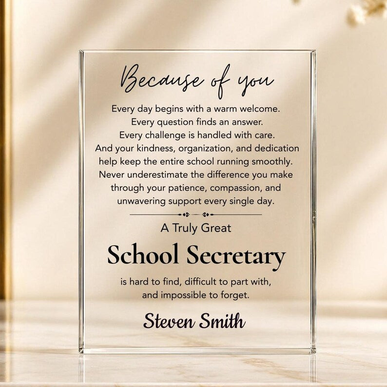 School Secretary Gift Acrylic Plaque, Personalized School Secretary Appreciation Gift, Retirement Gift, Thank You Coworker Gift, Staff Gift