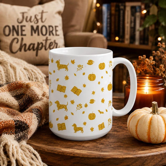 Gold Autumn Icons Mug | Pumpkin Leaves Book Dachshund Pattern