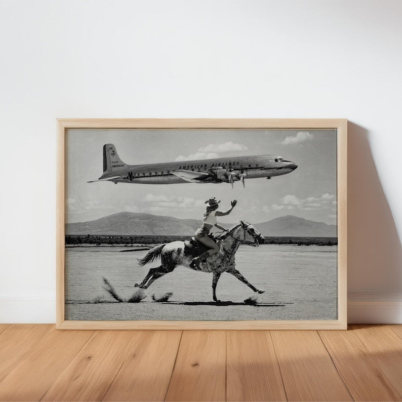 Vintage Cowboy Print, American Airlines Wall Art, 1950s Airplane Photo Poster, Black and White Western Decor, Mid Century Horseback Canvas