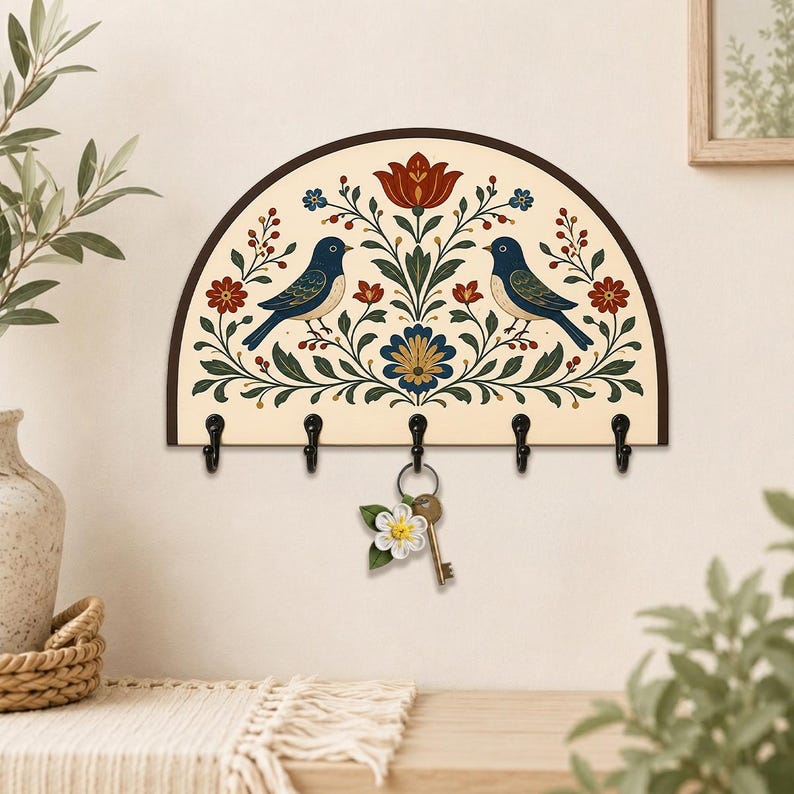 Folk Art Bird Wooden Key Holder: Scandinavian Floral Wall Key Rack Decor