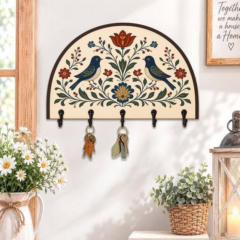 Folk Art Bird Wooden Key Holder: Scandinavian Floral Wall Key Rack Decor