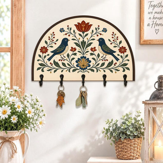 Folk Art Bird Wooden Key Holder: Scandinavian Floral Wall Key Rack Decor