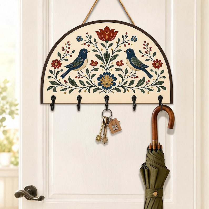 Folk Art Bird Wooden Key Holder: Scandinavian Floral Wall Key Rack Decor