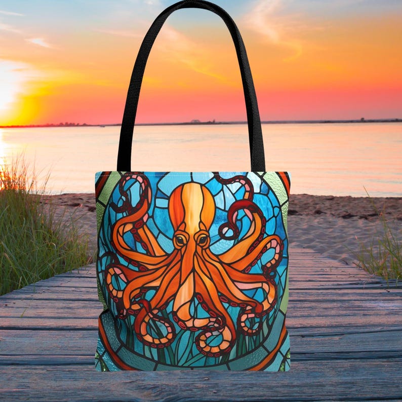Octopus Bag, Marine Lover Gift, Beach Lover Bag, Mother's Day Gift, Ocean Tote, Stained Glass Tote, Vacation bag, Travel Bag, Octopus lovers