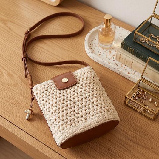 Handwoven Crochet Crossbody Bag, Vegan Leather Flap, Cottagecore Style Shoulder Bag