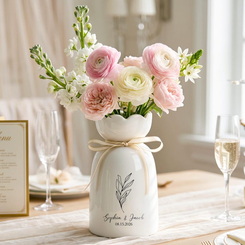 Custom Engagement Ceramic Flower Vase, Wedding Vase Gift, Ceramic Flower Vase for Wedding, Newlyweds, Wedding Anniversary Gift for Couple