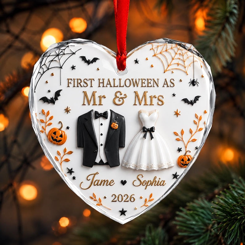 Personalized First Halloween Married Heart Glass Ornament,Spooky Mr Mrs Ornament, Newlywed Halloween tree Gift, Personalized Wedding Gift