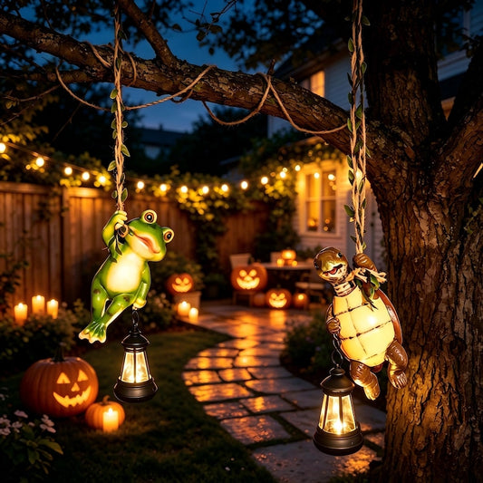 Frog Turtle Solar Hanging Lantern, Resin Animal Rope Hanging Light, Outdoor Garden Tree Decor