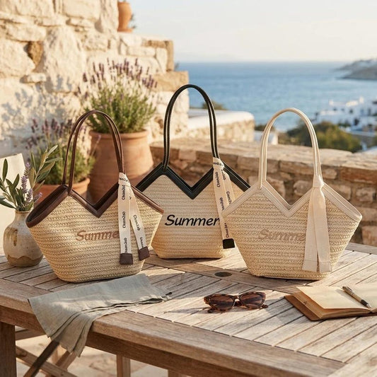 Handwoven Straw V-Shape Tote Bag, Leather Trim Vacation Handbag, Minimalist Summer Accessory