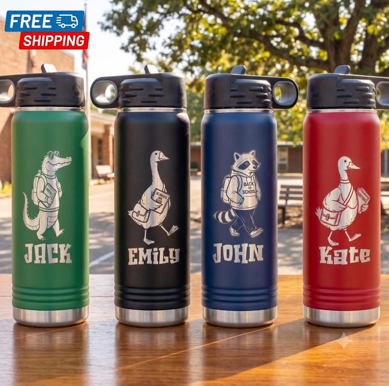 Personalized School Water Bottle, Custom Back to School Kids Tumbler, Laser Engraved Stainless Steel Tumbler