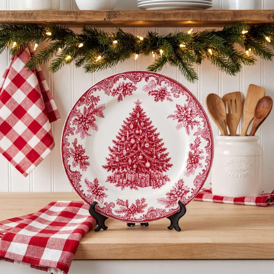 Festive Christmas Tree Elegant & Chic Decorative Plate | Holiday Toile Inspired Room Decor Housewarming Gift