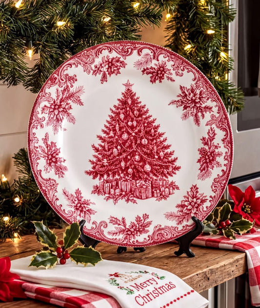 Festive Red Christmas Tree Elegant Decorative Plate, Chic Holiday Home Decor, Vintage Style Platter, Housewarming Gift