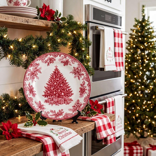 Festive Red Christmas Tree Elegant Decorative Plate, Chic Holiday Home Decor, Vintage Style Platter, Housewarming Gift