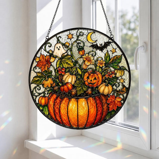 Pumpkin Lantern Garden Stained Glass Suncatcher, Halloween Pumpkin Window Hanging, Ghost Pumpkin Decor, Tiffany Style Fall Sun Catcher Gift
