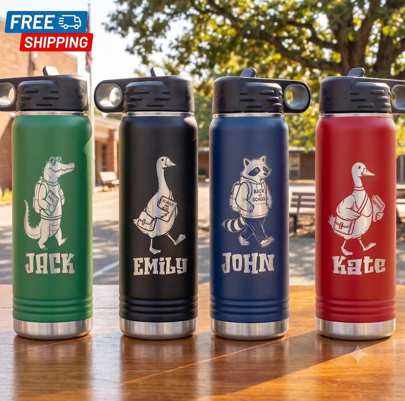 Personalized School Water Bottle, Custom Laser Engraved Stainless Steel Tumbler, Back to School Kids Tumbler