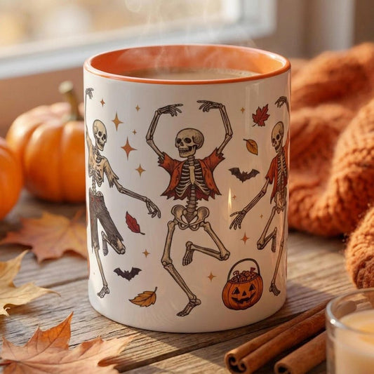 Dancing Skeleton Halloween Mug, Spooky Season Coffee Cup, Skeleton Coffee Mug Gift, Halloween Mug for Her, Funny Halloween Mug
