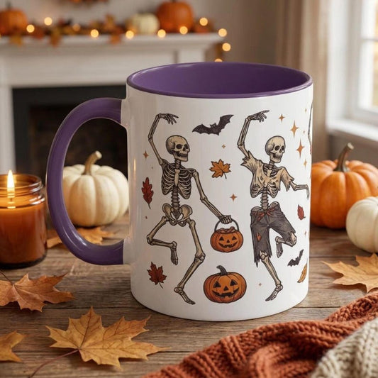 Dancing Skeleton Halloween Mug, Spooky Season Coffee Cup, Skeleton Coffee Mug Gift, Halloween Mug for Her, Funny Halloween Mug