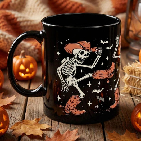 Cowboy Skeleton Halloween Mug, Dancing Skeleton Coffee Cup, Western Halloween Mug, Spooky Cowboy Mug Gift, Skeleton Coffee Mug