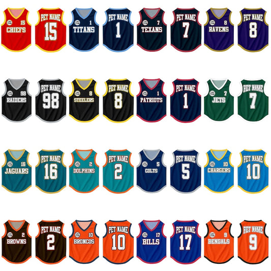 Custom Football Team Pet Jersey, Personalized Outfit for Dogs Cats, NFL Pet Mess Jersey Name Number Sportswear Pet Jersey