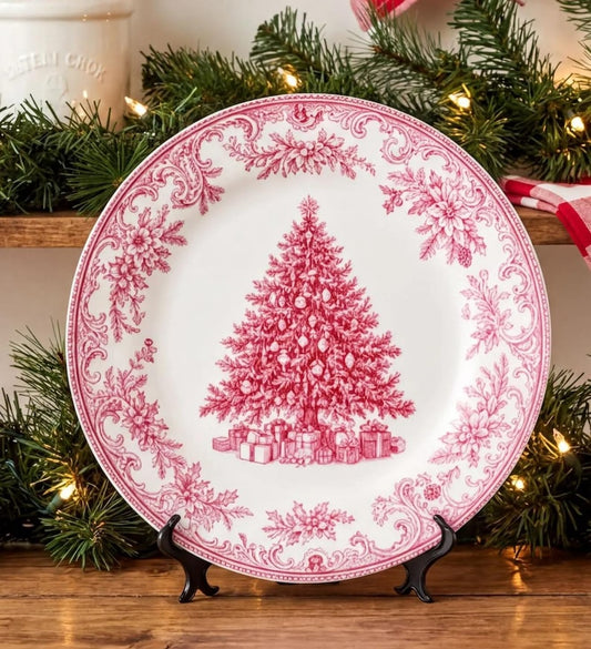 Elegant & Chic Christmas Decorative Plate | Festive Red Toile Tree Display Plate | Holiday Home Decor Wall Art