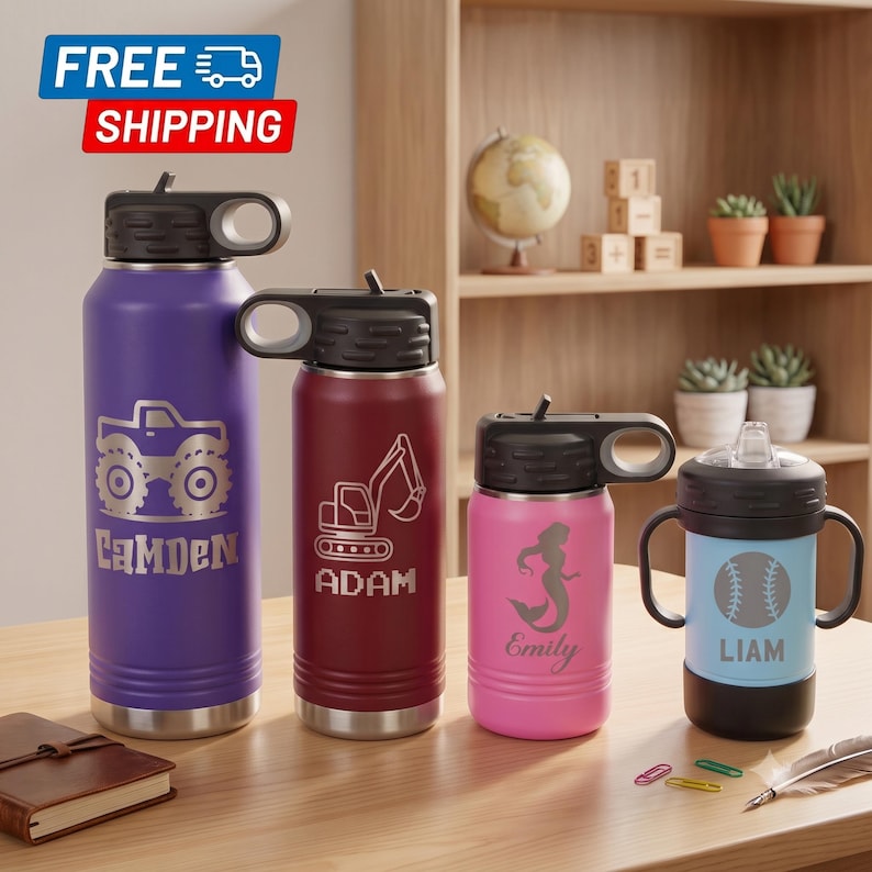 Personalized School Water Bottle, Custom Laser Engraved Stainless Steel Tumbler, Back to School Kids Tumbler
