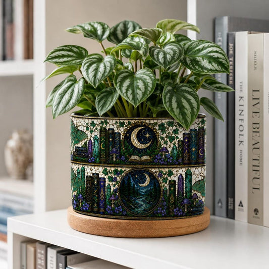Moons & Crystals Nature Bookshelf Stained-Glass Style Plant Pot, Bookish Decor Reading Room Art, Librarian Teacher Appreciation