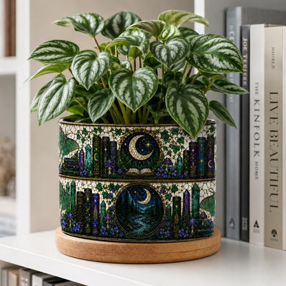 Moons & Crystals Nature Bookshelf Stained-Glass Style Plant Pot, Bookish Decor Reading Room Art, Librarian Teacher Appreciation