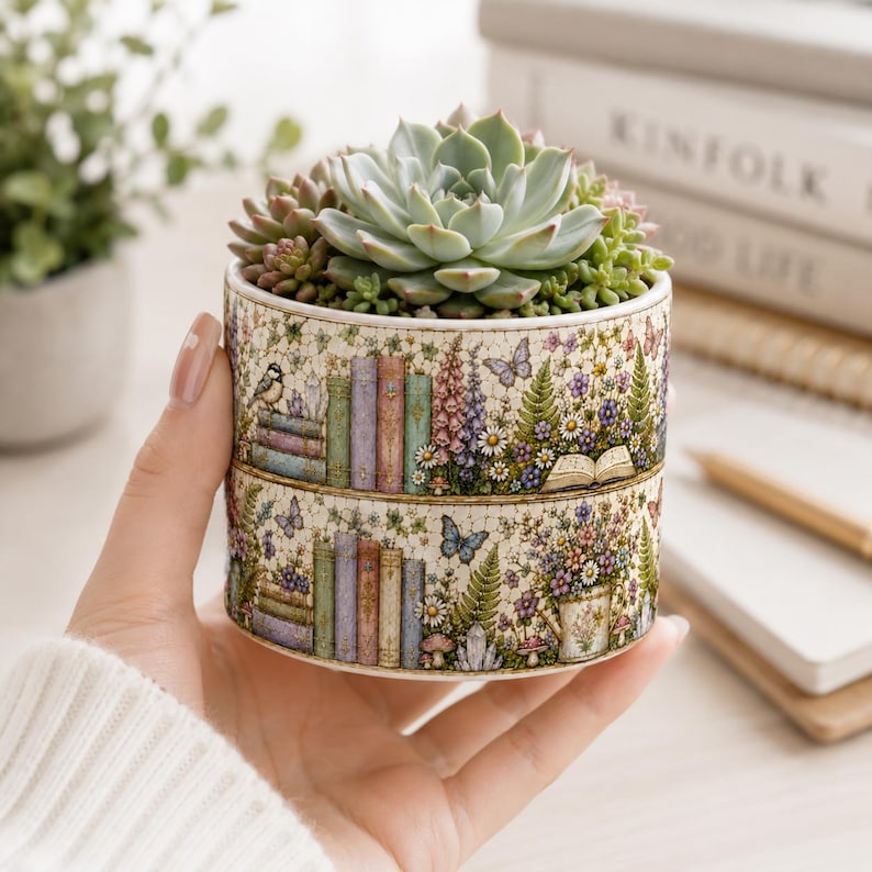 Forest BookSelf Stained-Glass Style Plant Pot, Book Lover Gift, Bookish Pot, Library Gift, Librarian Bookworm Gift for Reader, Teacher Gift