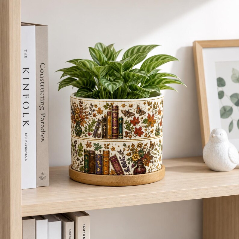 Bookish Autumn Stained Glass Style Plant Pot, Fall Book Lover Gift, Autumn Teacher Mug, Autumn Teacher Gift, Librarian Gift