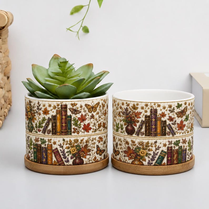 Bookish Autumn Stained Glass Style Plant Pot, Fall Book Lover Gift, Autumn Teacher Mug, Autumn Teacher Gift, Librarian Gift