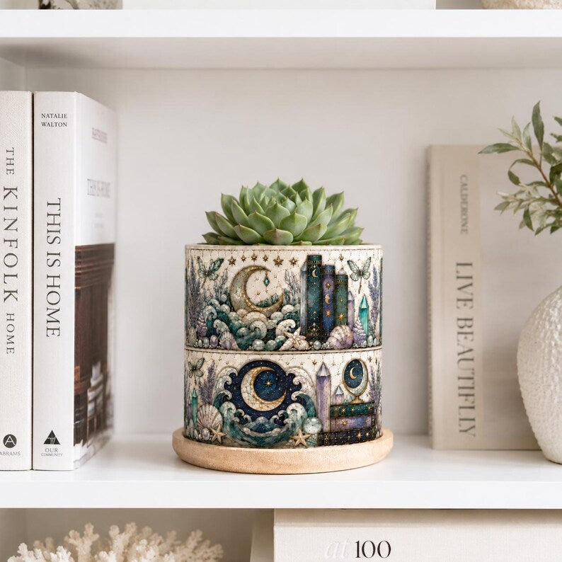 Ocean Bookshelf Design Plant Pot, Coastal Starfish Plant Pot, Reader Gift, Bookish Decor Reading Room Art, Librarian Teacher Appreciation