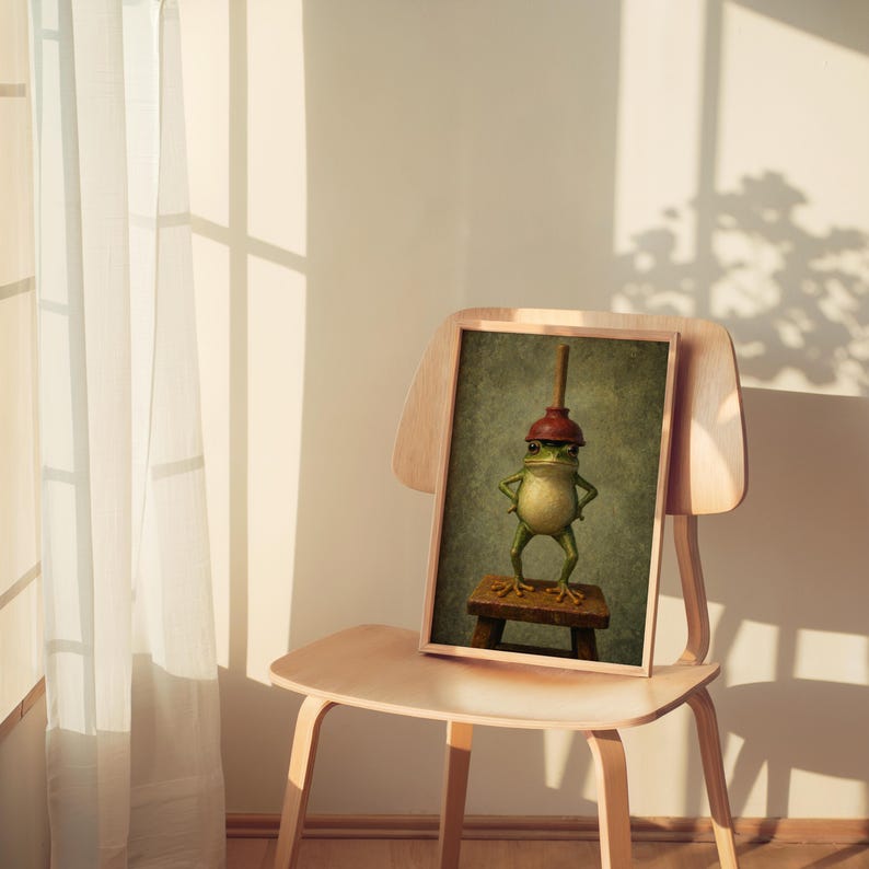 Funny Frog With Red Plunger Wall Art, Quirky Bathroom Print, Whimsical Restroom Decor, Vintage Funny Animal Toilet Loo Power Room Poster