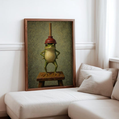 Funny Frog With Red Plunger Wall Art, Quirky Bathroom Print, Whimsical Restroom Decor, Vintage Funny Animal Toilet Loo Power Room Poster