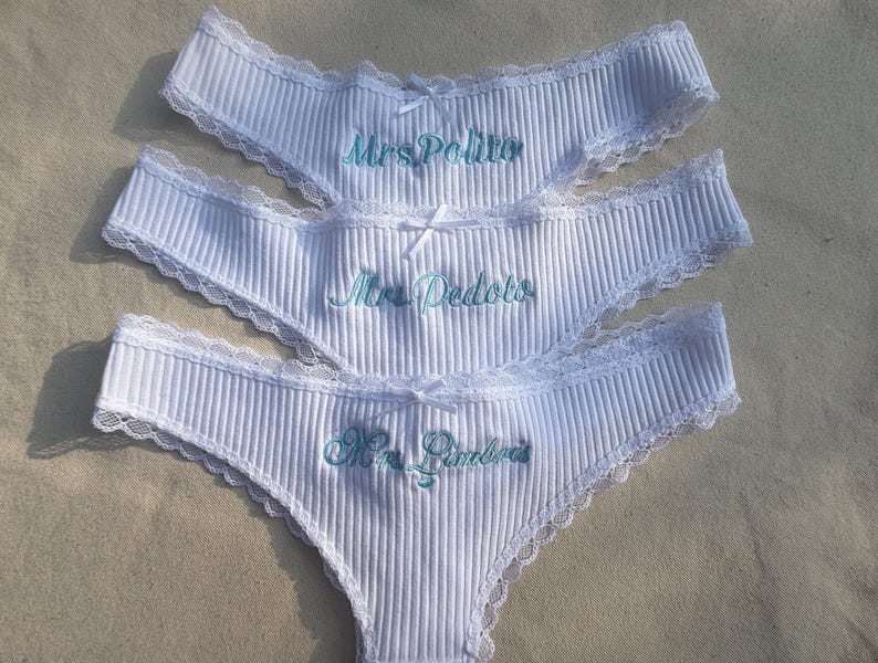 Embroidered Bridal Thong, Personalized Bride Lingerie, Custom Name Underwear, Bachelorette Gift, Wedding Gift for Her