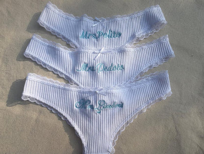 Embroidered Bridal Thong, Personalized Bride Lingerie, Custom Name Underwear, Bachelorette Gift, Wedding Gift for Her