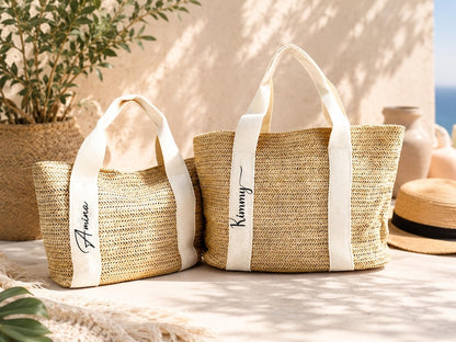Monogram Straw Tote Bag, Personalized Initial Beach Bag, Custom Woven Shoulder Tote, Summer Gift for Women, Vacation Travel Bag