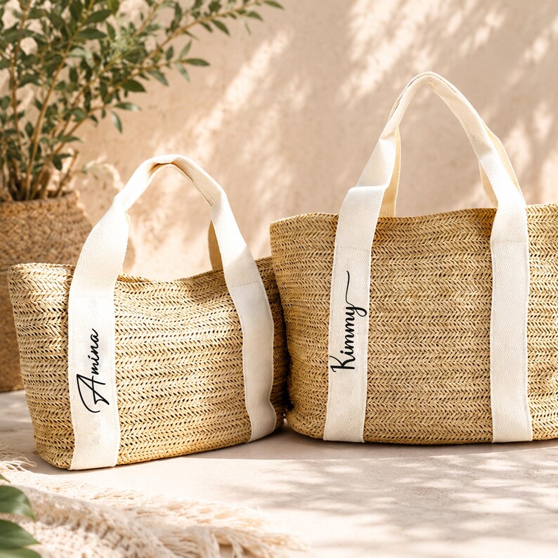 Monogram Straw Tote Bag, Personalized Initial Beach Bag, Custom Woven Shoulder Tote, Summer Gift for Women, Vacation Travel Bag