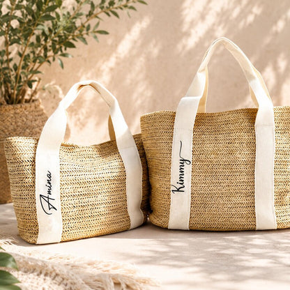 Monogram Straw Tote Bag, Personalized Initial Beach Bag, Custom Woven Shoulder Tote, Summer Gift for Women, Vacation Travel Bag