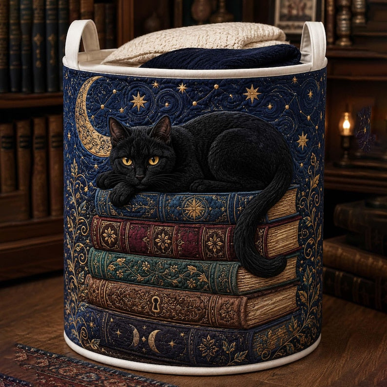 Celestial Library Black Cat Quilted Laundry Basket: Magic Book Storage Bin, Quilted Fabric Hamper