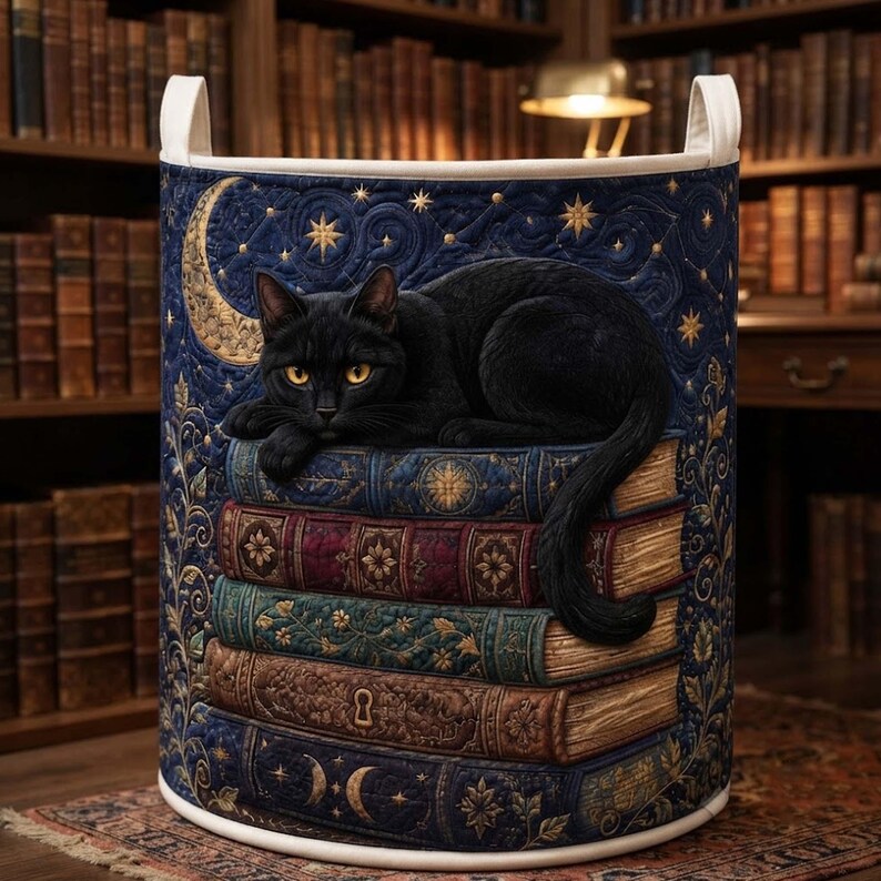 Celestial Library Black Cat Quilted Laundry Basket: Magic Book Storage Bin, Quilted Fabric Hamper